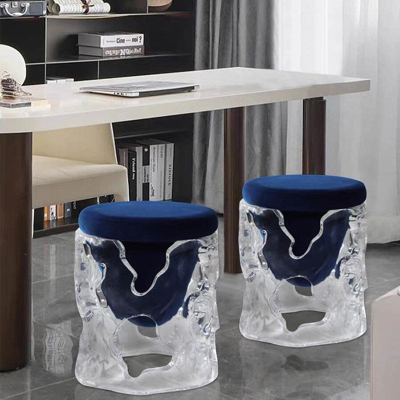 Clear Resin Accent Stool with Navy Blue Cushioned Seat, Sculptural Transparent Round Ottoman with Abstract Cutout Base for Living Room, Tea Room, Bedroom, Vanity and Reading Corner