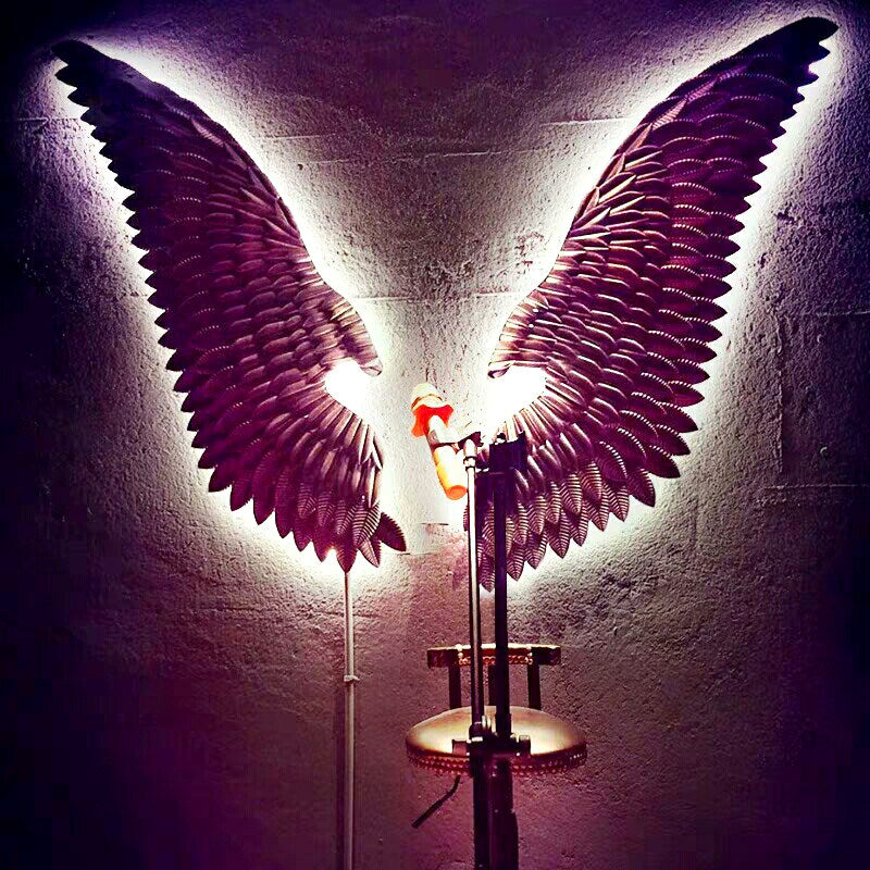 Gold Angel Wings Wall Decor with LED Strip Lights, Large 3D Metal Wing Wall Art Set of 2, Industrial Statement Wall Sculpture for Bar, Salon, KTV, Cafe, Restaurant, Photo Backdr