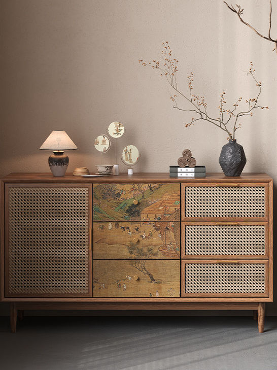 Rattan Sideboard Cabinet, Solid Wood Buffet Cabinet with Cane Door and Landscape Art Drawers, Modern Asian Inspired Credenza for Dining Room, Living Room, Entryway, Hallway, and Storage Decor