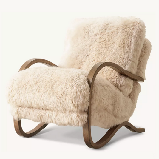 Faux Shearling Accent Chair with Curved Wood Arms, Plush Upholstered Lounge Chair for Living Room, Bedroom, Cafe, Hotel, Reading Nook, Cream