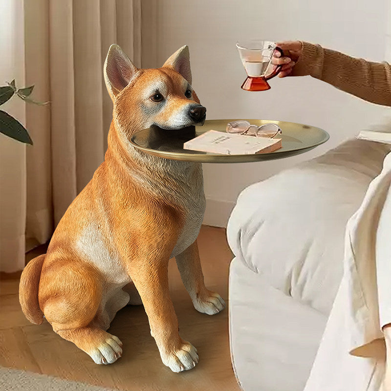 Shiba Inu Dog Statue Tray Holder, Yellow Resin Dog Floor Decor with Round Gold Tray, Cute Entryway Key Bowl Stand for Living Room, TV Cabinet, Bedroom and Housewarming Gift