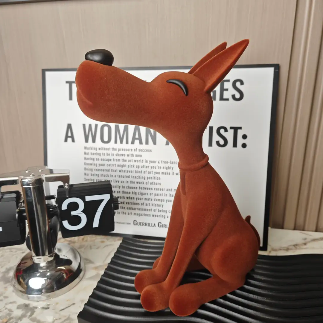 Flocked Resin Dog Statue, Orange Sitting Dog Figurine, Velvet Look Animal Sculpture for Living Room, Entryway, Bookshelf, Office Desk, Villa, Club, Housewarming Gift, and Home Decor