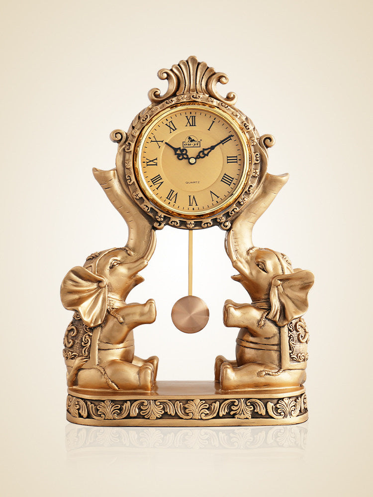 Antique Gold Resin Elephant Mantel Clock with Pendulum