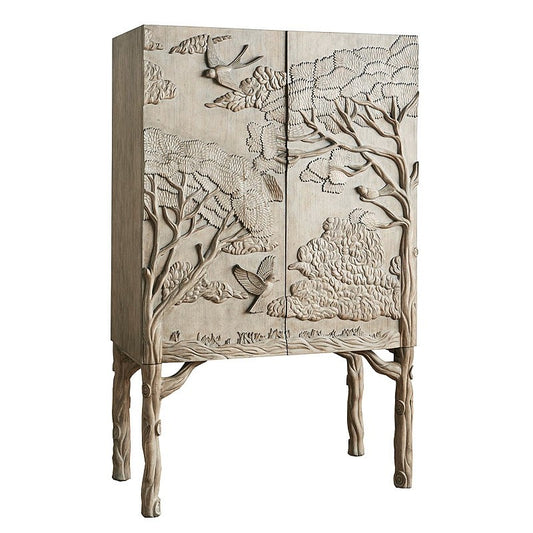 Hand Carved Solid Wood Storage Cabinet, 2 Door Tall Accent Cabinet with Woodland Bird Relief, Rustic Vintage Armoire for Living Room, Dining Room, Entryway and Home Bar