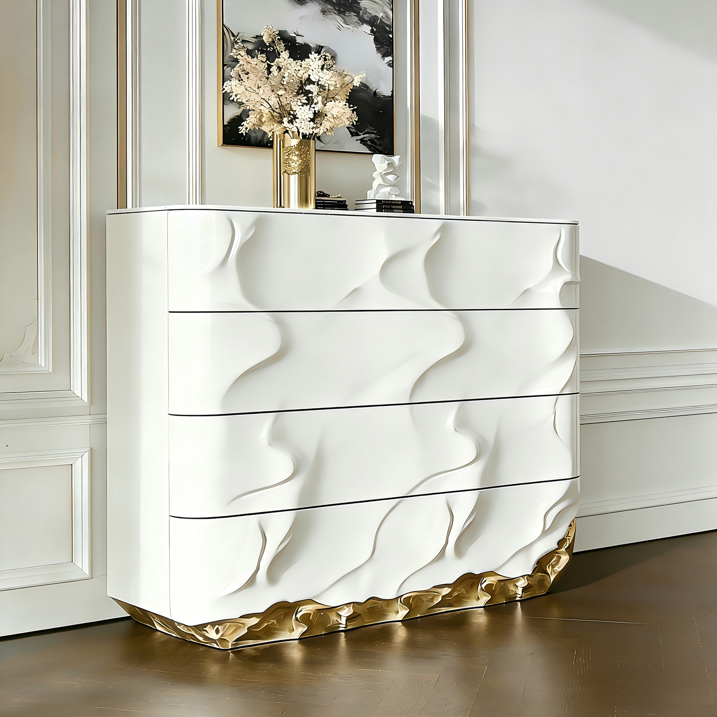 White and Gold 4 Drawer Chest, Modern Luxury Storage Cabinet with Sculpted Wave Front, Artistic Dresser Cabinet for Bedroom, Dining Room, Living Room, Entryway, Hallway