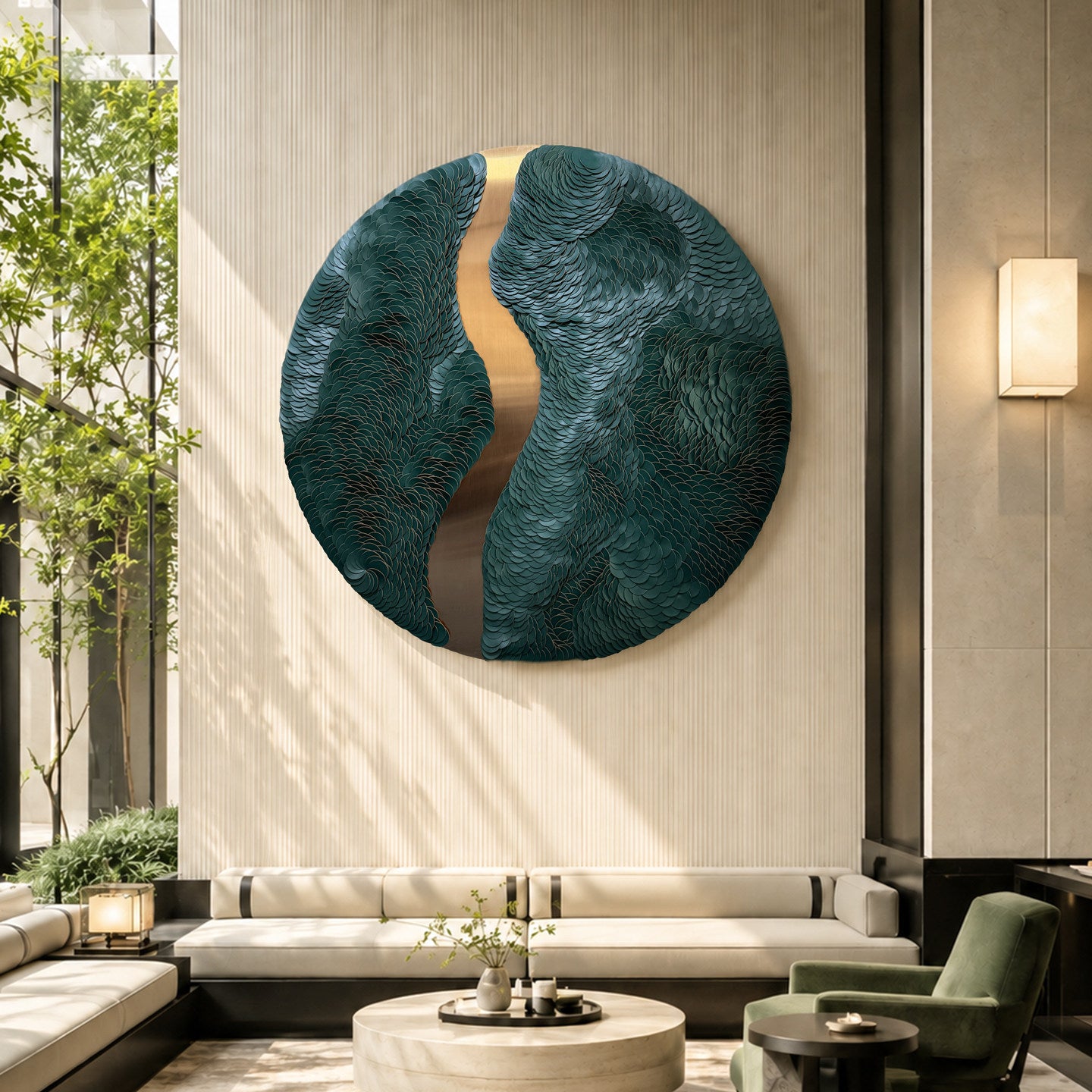3D Leather Wall Art 31.5 Inch, Round Dark Green Abstract Wall Sculpture