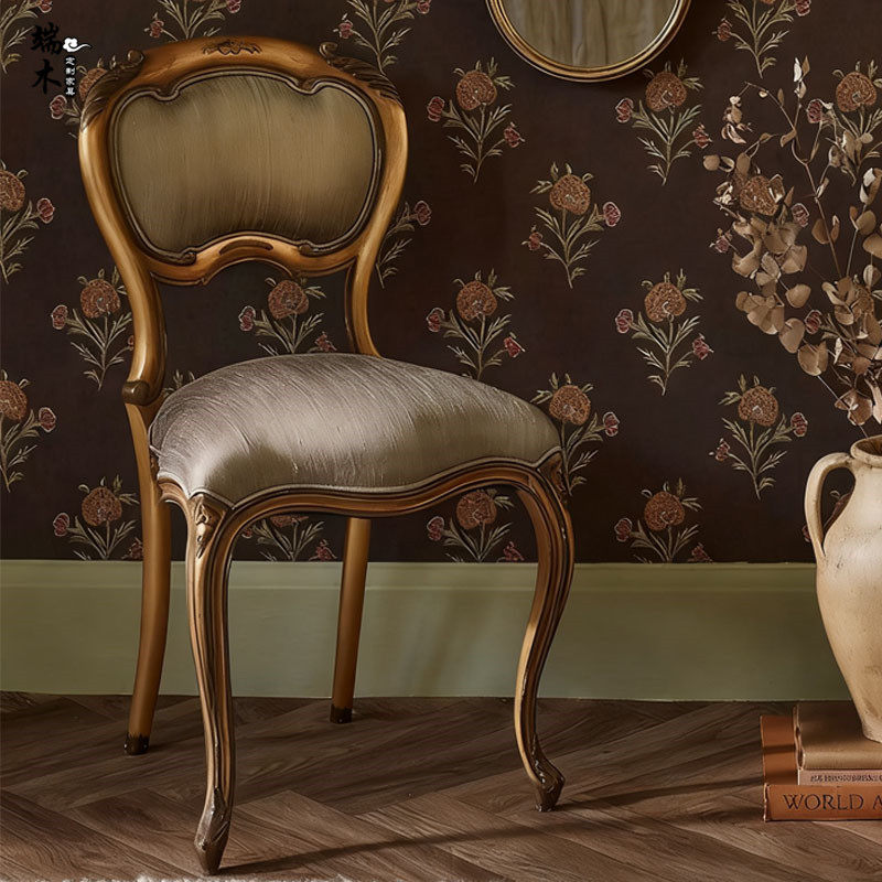Antique Gold Solid Wood Dining Chair, French Rococo-Inspired Carved Side Chair with Champagne Beige Velvet Upholstered Seat and Back for Dining Room, Bedroom, Vanity and Reception