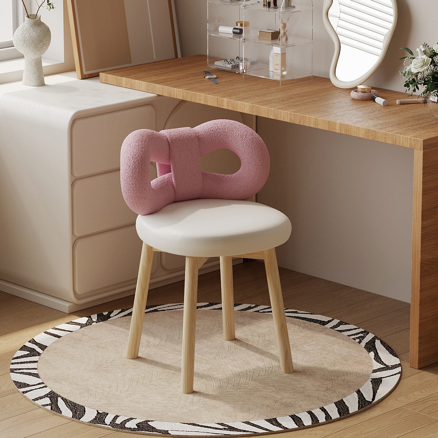Pink 360° Swivel Vanity Chair with Bow Backrest, Sherpa Upholstered Makeup Stool with Padded Leather-Look Seat and Solid Wood Legs for Bedroom or Dressing Room