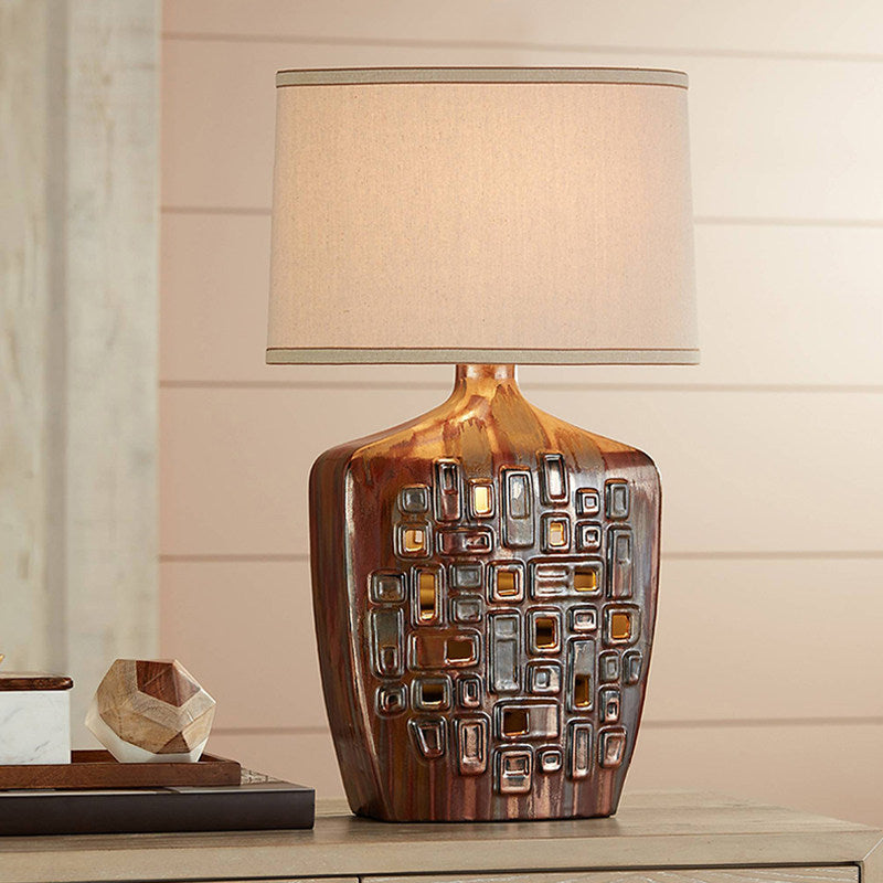 Retro Metallic Glaze Ceramic Table Lamp with Fabric Shade, Hollow Geometric Bedside Lamp with E27 Socket and Button Switch, Decorative Nightstand Lamp for Bedroom Living Room