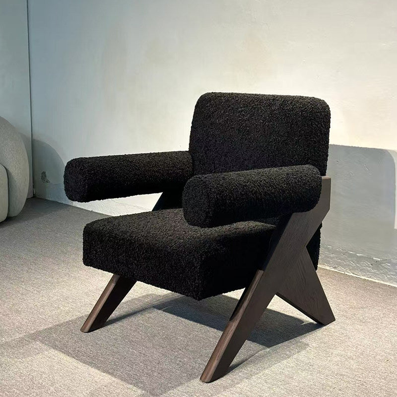 Modern Black Boucle Accent Chair, Solid Ash Wood Lounge Armchair with Sculptural X Frame, Wabi Sabi Single Sofa Chair for Living Room, Bedroom, Balcony, Hotel Reception
