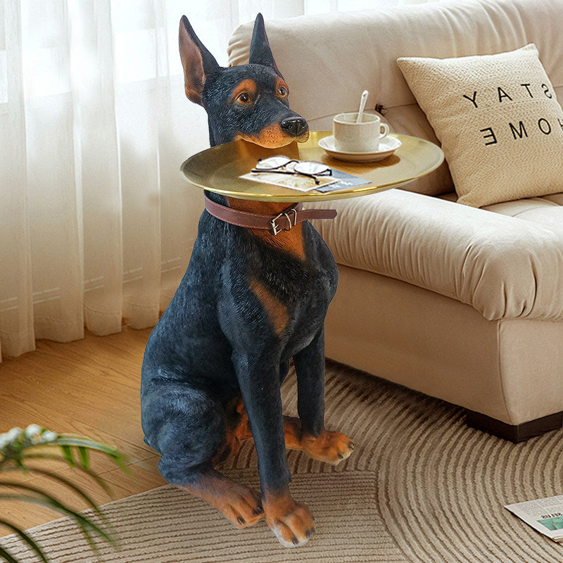 Doberman Dog Statue Tray Holder, Large Resin Dog Floor Decor with Gold Round Tray, Luxury Entryway Storage Stand for Living Room, Hallway, TV Cabinet and Housewarming Gift