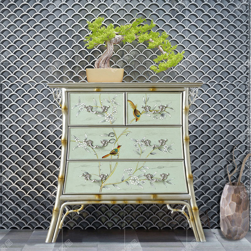 Green Solid Wood 4-Drawer Chest, Painted Floral Bird Dresser with Sculptural Branch Handles and Bamboo-Style Frame for Bedroom, Living Room, Entryway or Hallway