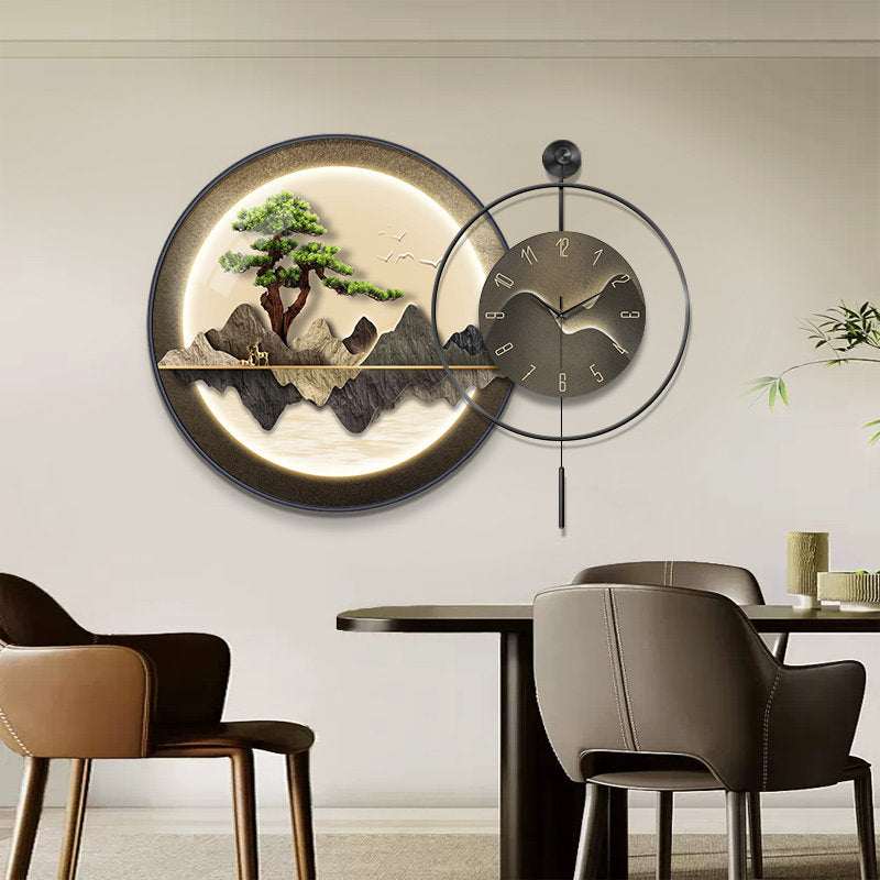Modern Mountain Wall Clock 28 Inch, 3D Landscape Wall Art with Tree