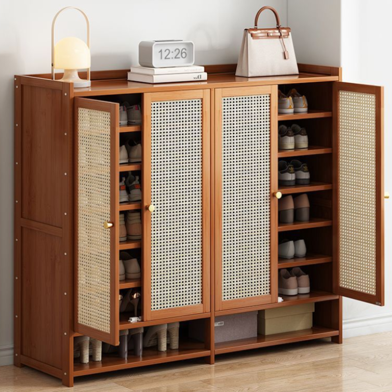 Walnut Bamboo Shoe Cabinet with 4 Cane Doors and Shelves