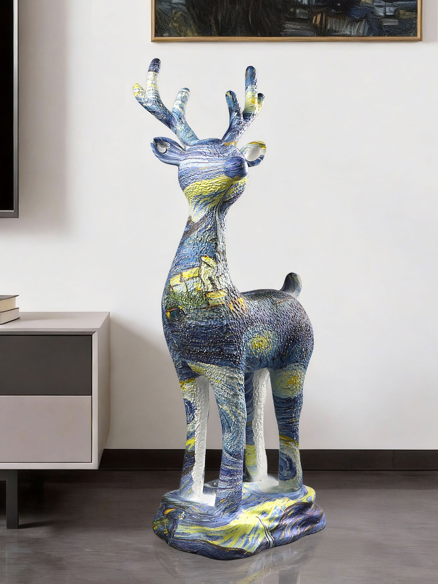 Large Deer Statue, Blue Gold Abstract Floor Sculpture for Home Decor, 25.6 Inch