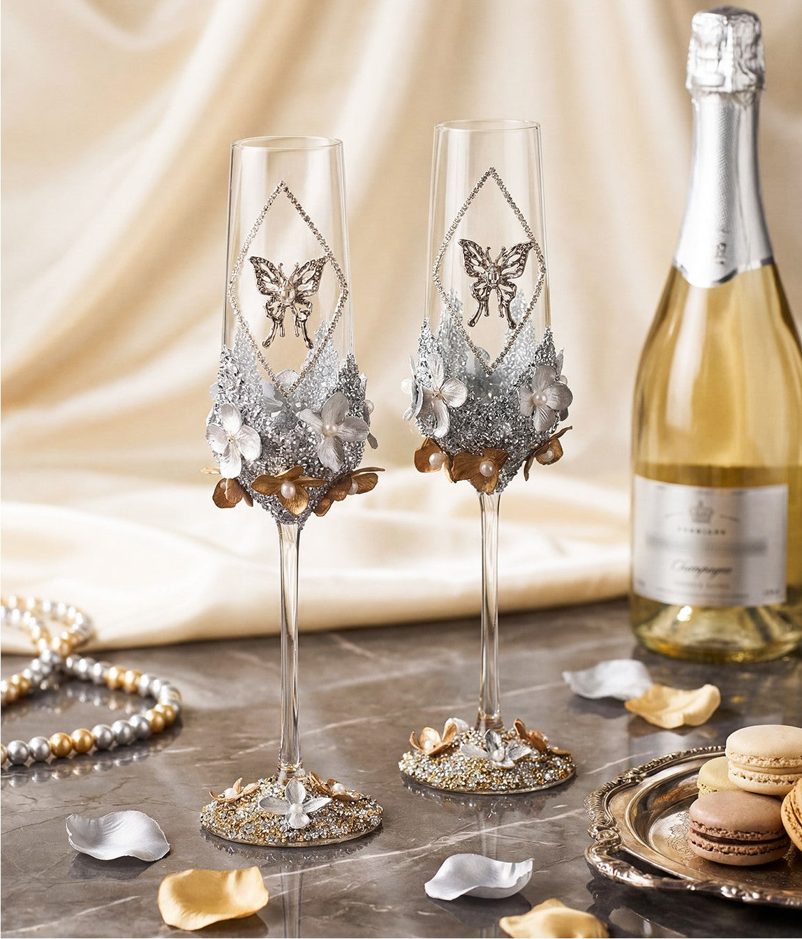 Set of 2 Rhinestone Butterfly Champagne Flutes, 8.8 oz Glasses