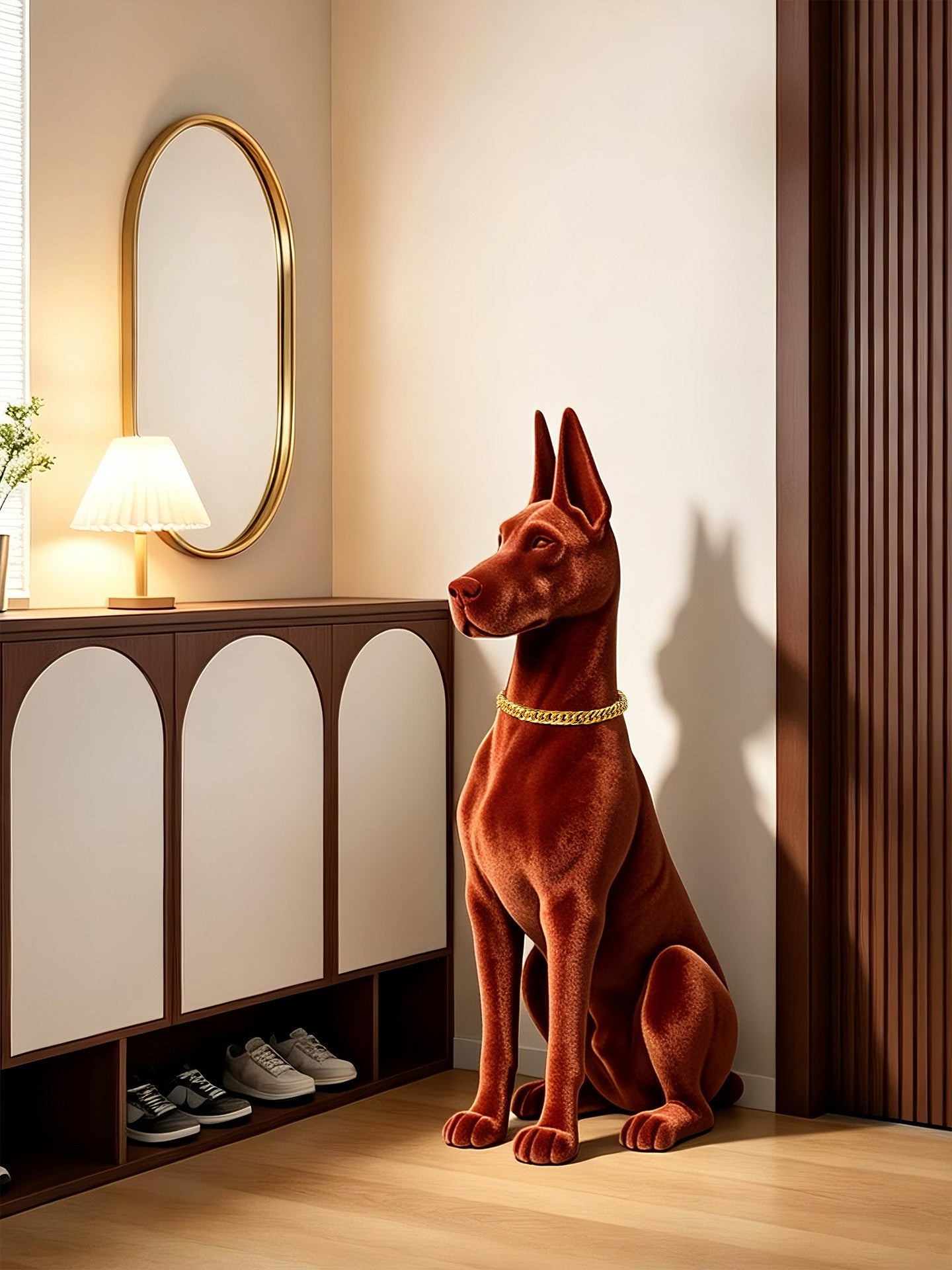 Large Doberman Dog Statue, Velvet-Look Flocked Floor Sculpture with Gold Chain Collar, Modern Guard Dog Figurine Decor for Entryway, Living Room, TV Stand, Office, Housewarming Gift