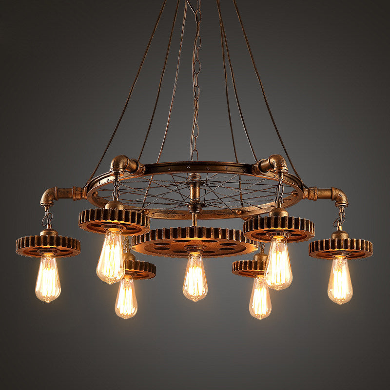 Industrial Gear Wheel Chandelier, 7 Light Vintage Loft Pendant Light with Metal Pipe and Bicycle Wheel Design, Rustic E27 Hanging Ceiling Lamp for Dining Room, Cafe, Bar, Restaurant, Hallway