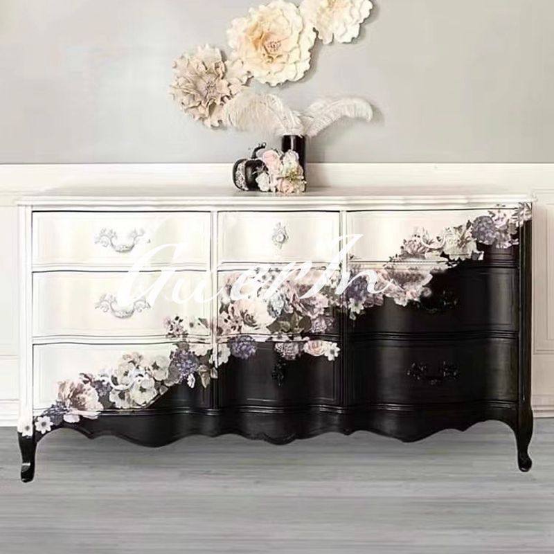 Black and White Floral Painted 9-Drawer Dresser, French Country Wood Storage Chest with Ombre Finish, Cabriole Legs and Scalloped Apron for Entryway, Dining Room, Living Room and Bedroom