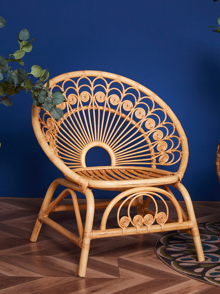 Natural Rattan Bistro Set, 3 Piece Indoor Balcony Furniture Set with 2 Handwoven Peacock Accent Chairs and Round Glass Top Side Table, Boho Wicker Conversation Set for Sunroom, Patio, Living Room and Tea Corner