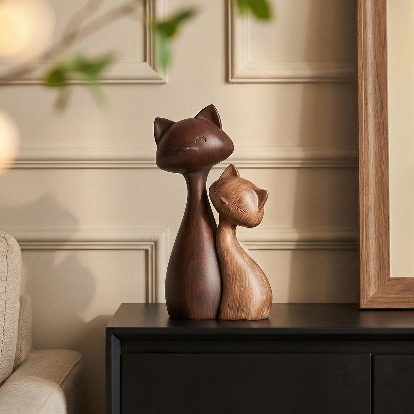 Brown Cat Couple Figurine Set, Faux Wood Grain Shelf and Table Decor