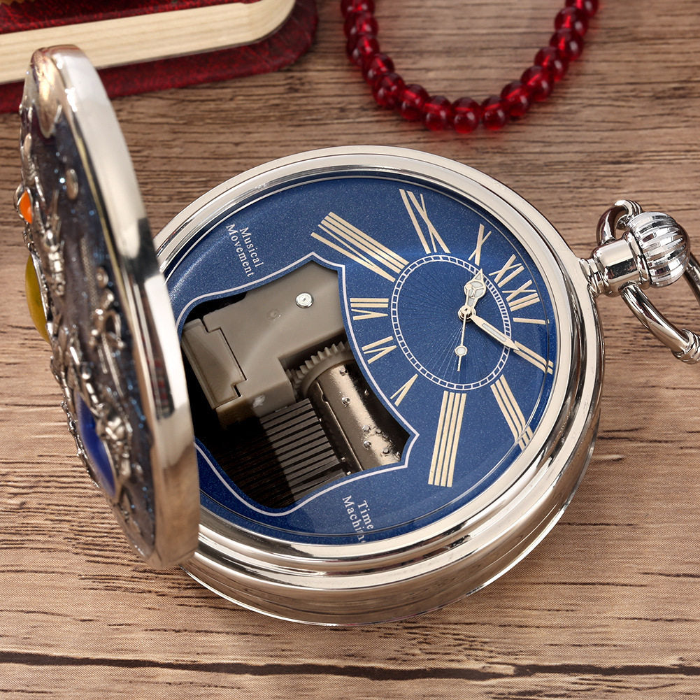Silver Space Pocket Watch with Music Box, Quartz Pocket Watch with Blue Enamel Astronaut and Space Station Design, Vintage Pendant Watch with Chain for Men, Women, Collectors, Gift