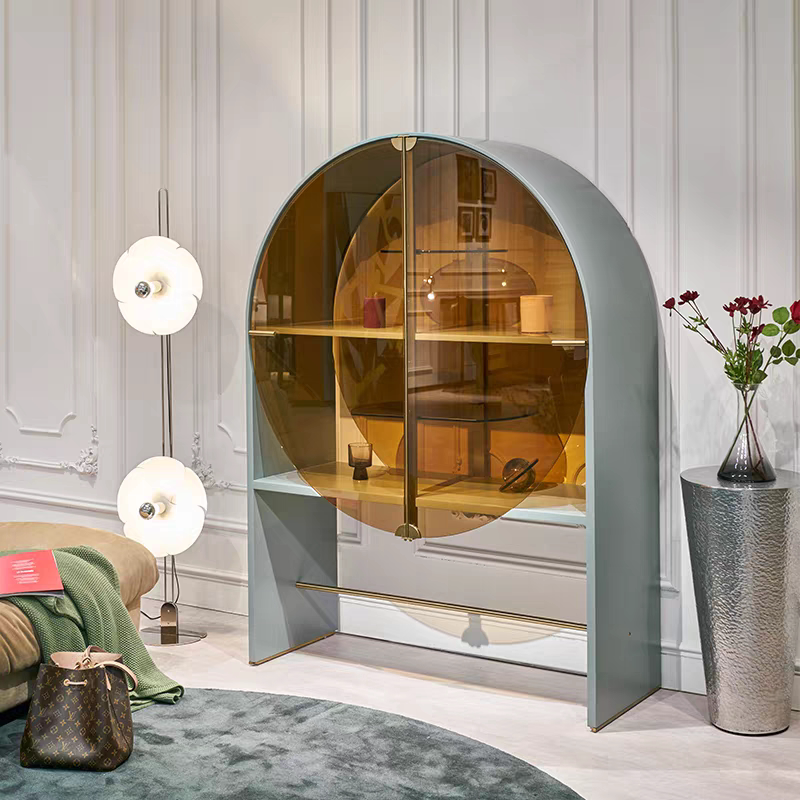 Arched Glass Display Cabinet with Amber Doors and Storage Drawer