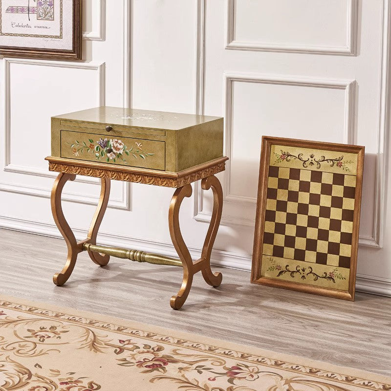 Vintage Painted Wood Chess Table with Drawer and Pull-Out Trays