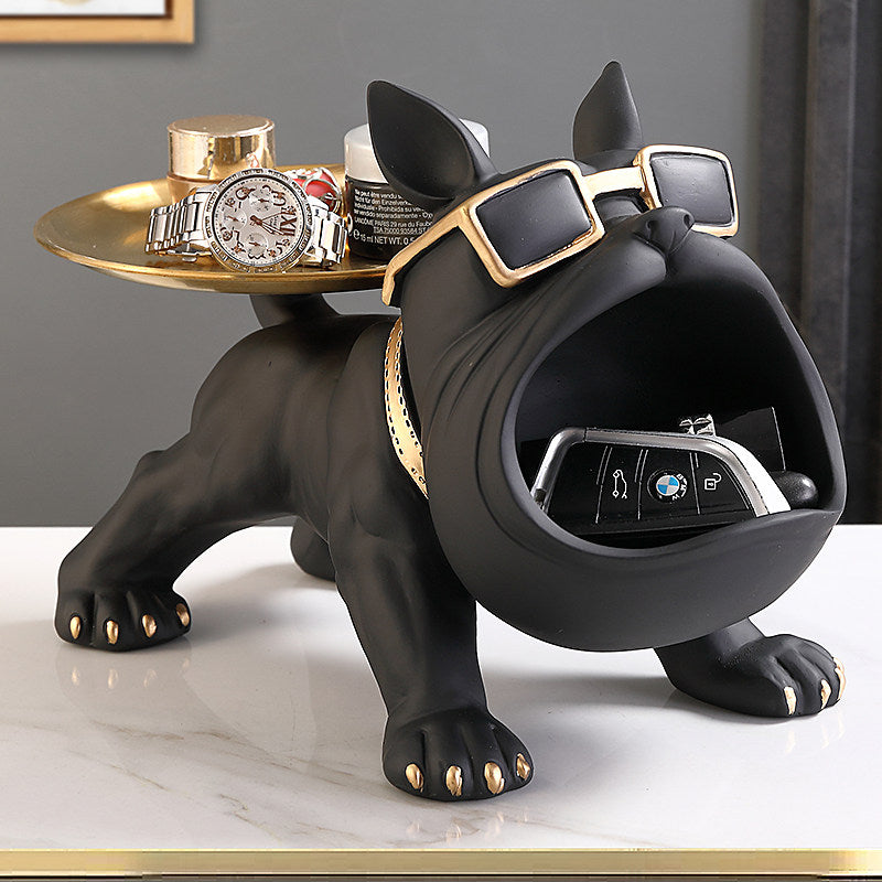Matte Black Resin French Bulldog Key Holder Tray with Large Open-Mouth Storage and Gold Catchall Dish, Sunglasses Dog Statue Organizer for Entryway, Shoe Cabinet, Living Room and Office Desk