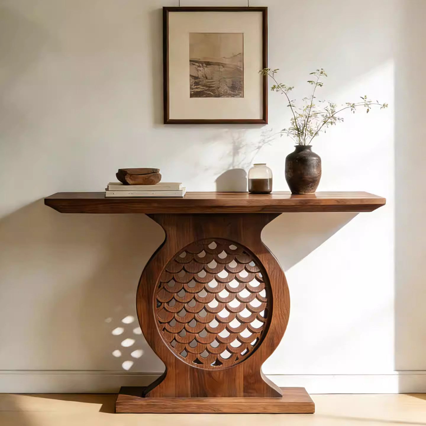 Solid Ash Wood Console Table with Carved Round Pedestal Base