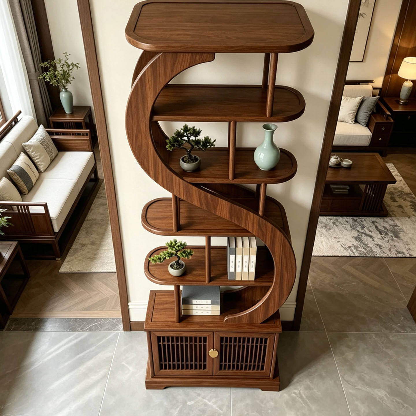 Solid Ash Wood Display Shelf with Storage Cabinet, Modern Curved Open Bookcase, Freestanding Room Divider Display Rack, Walnut Finish Decorative Shelving Unit for Living Room, Entryway, Office &amp; Home Library
