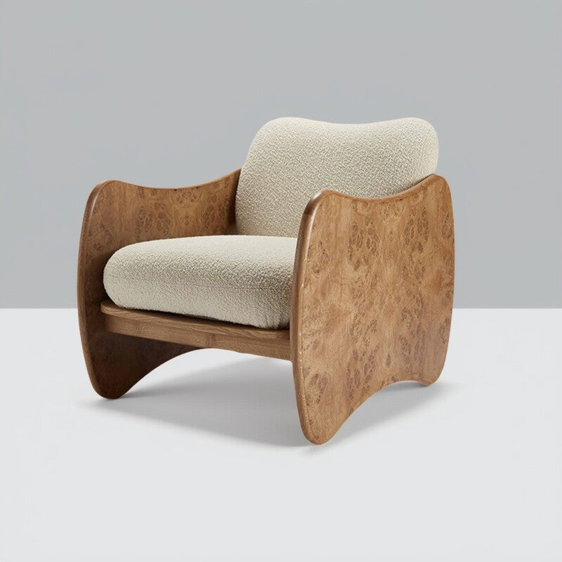 Modern Beige Boucle Accent Chair, Solid Ash Wood Lounge Armchair with Curved Side Panels, Upholstered Sherpa Single Sofa Chair for Living Room, Bedroom, Apartment, Hotel Lobby