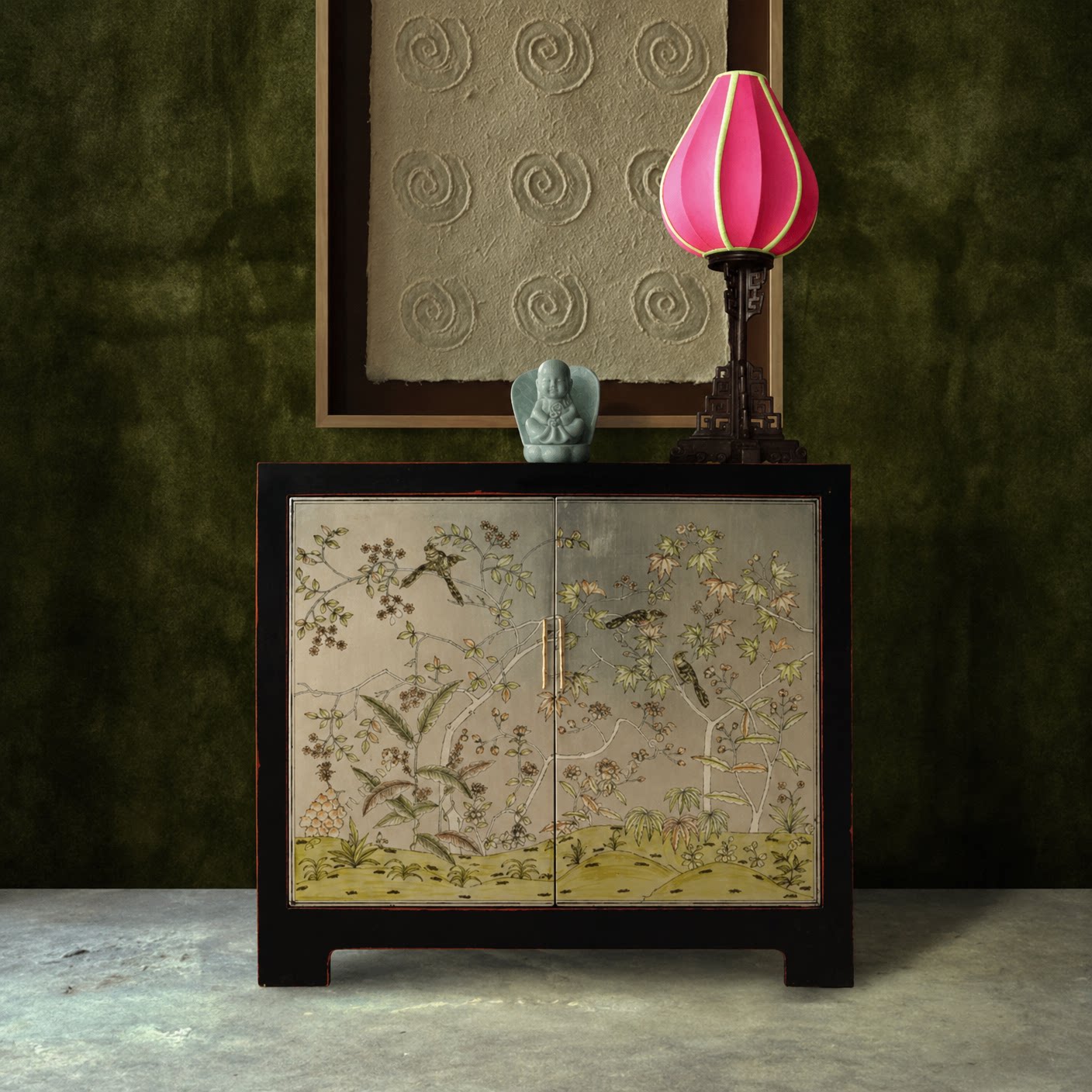Black 2-Door Sideboard with Bird and Floral Painted Panels