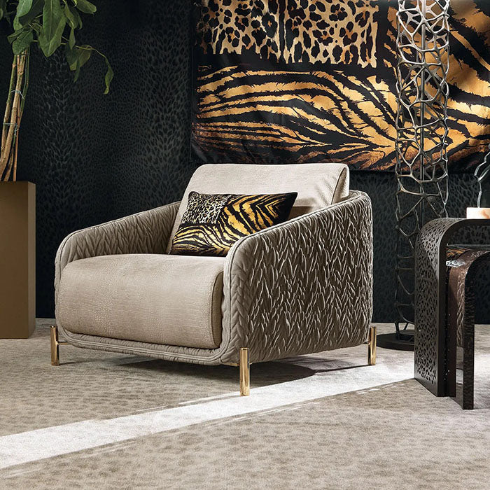 Taupe Leather Accent Chair with Quilted Sides and Gold Metal Legs