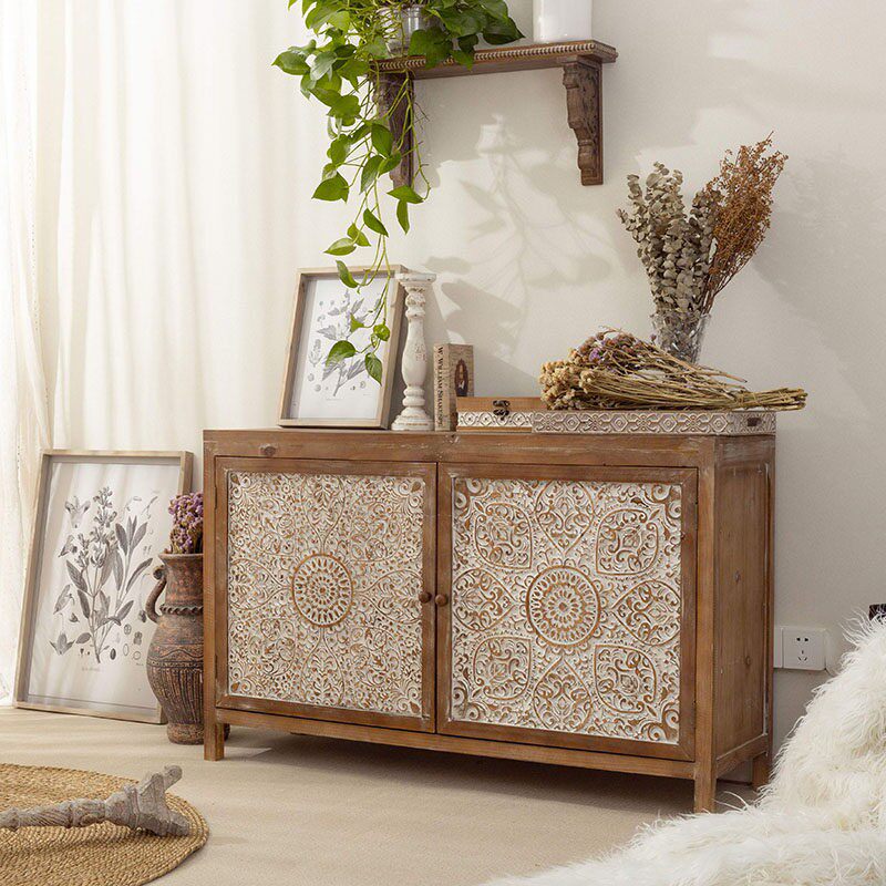 Rustic Solid Wood Sideboard with Carved Double Doors, 48.4 Inch