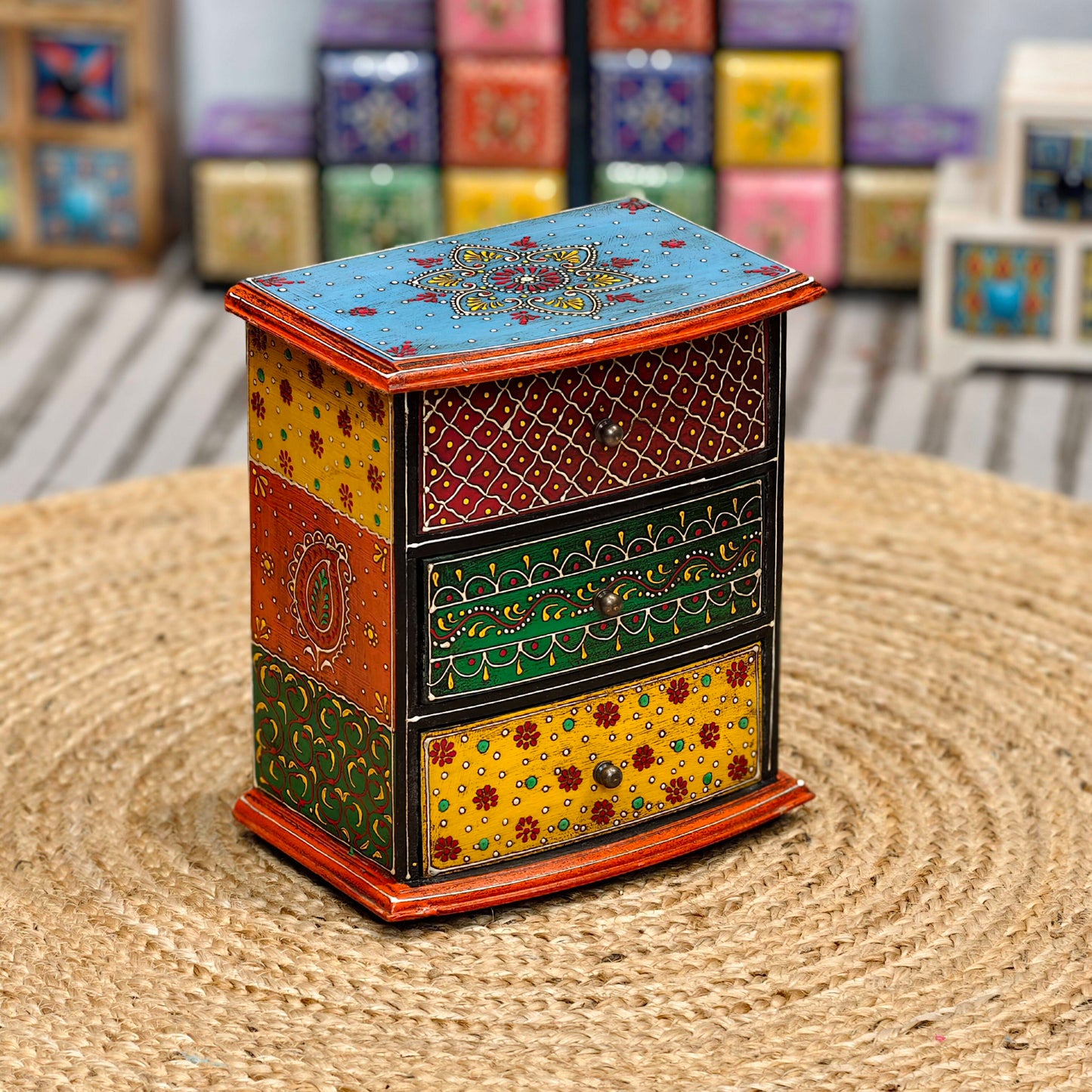 Hand-Painted Solid Wood Jewelry Box with 3 Drawers, Multicolor