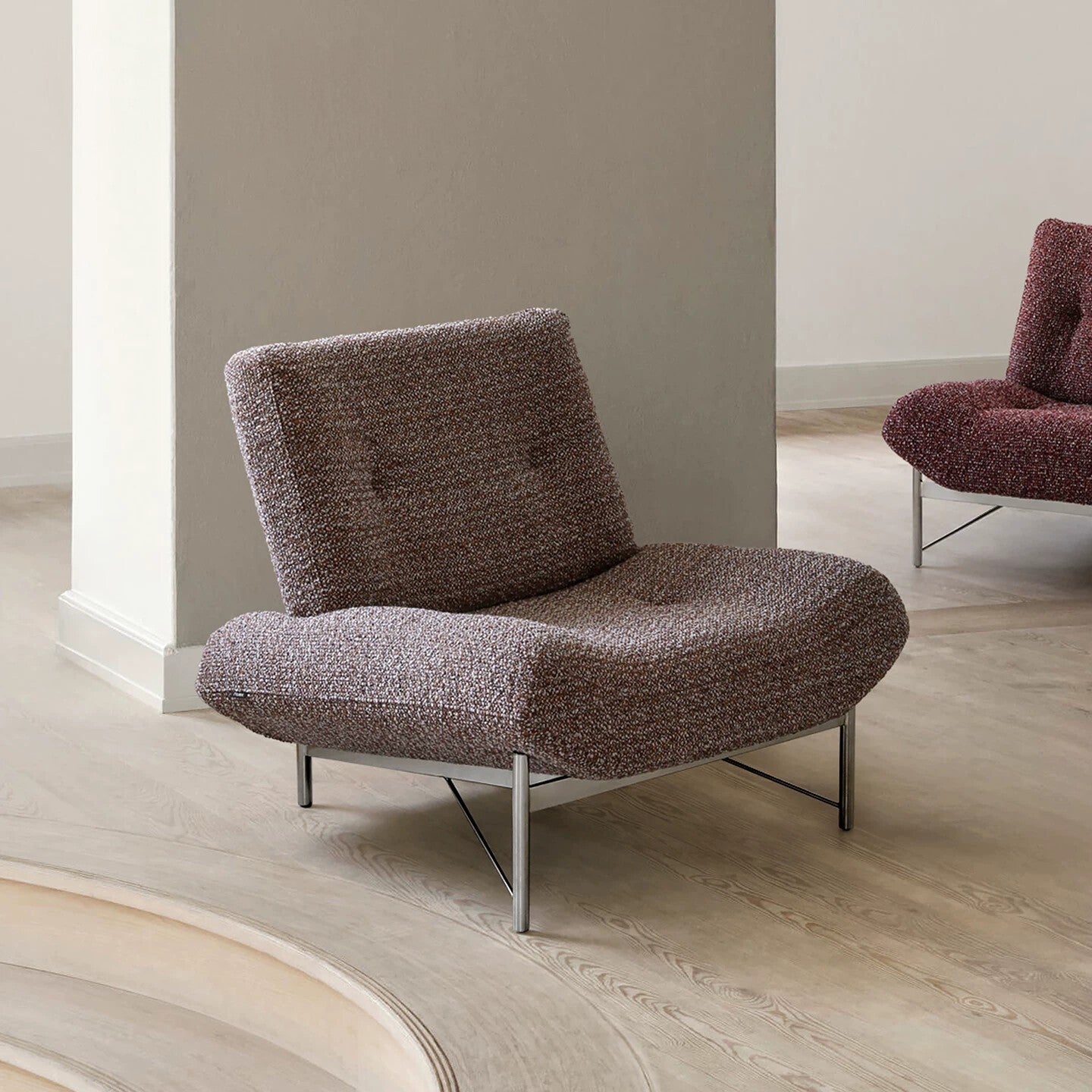 Taupe Bouclé Accent Chair with Curved Seat and Metal Frame