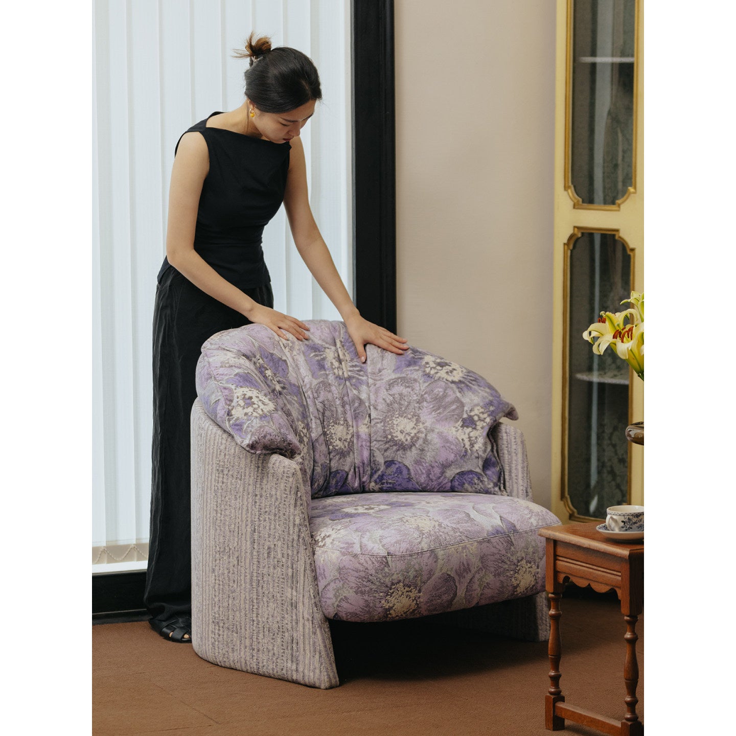 Purple Floral Barrel Accent Chair, Upholstered Lounge Armchair, Curved Hug Chair with Jacquard Style Fabric for Living Room, Bedroom, Study, Reading Corner