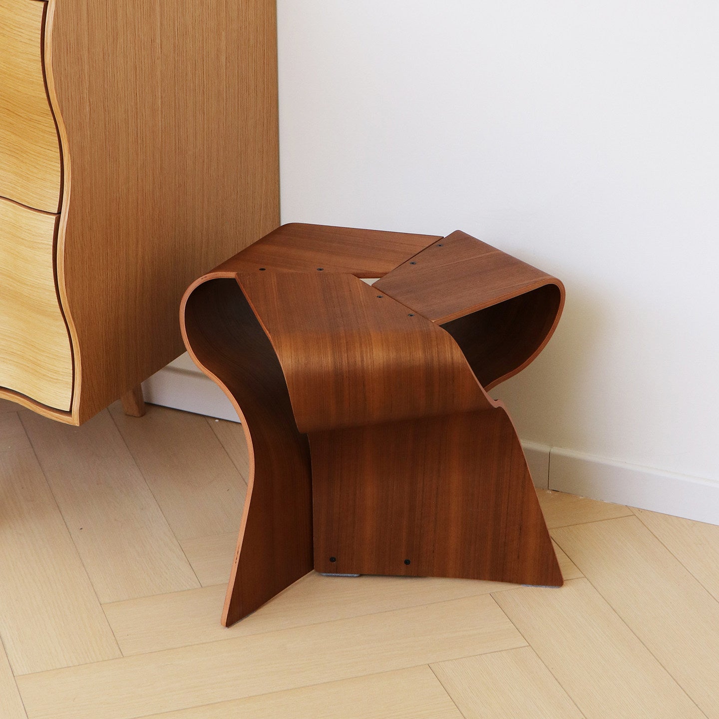 Teak-Finish Bentwood Stool and Sculptural Side Table