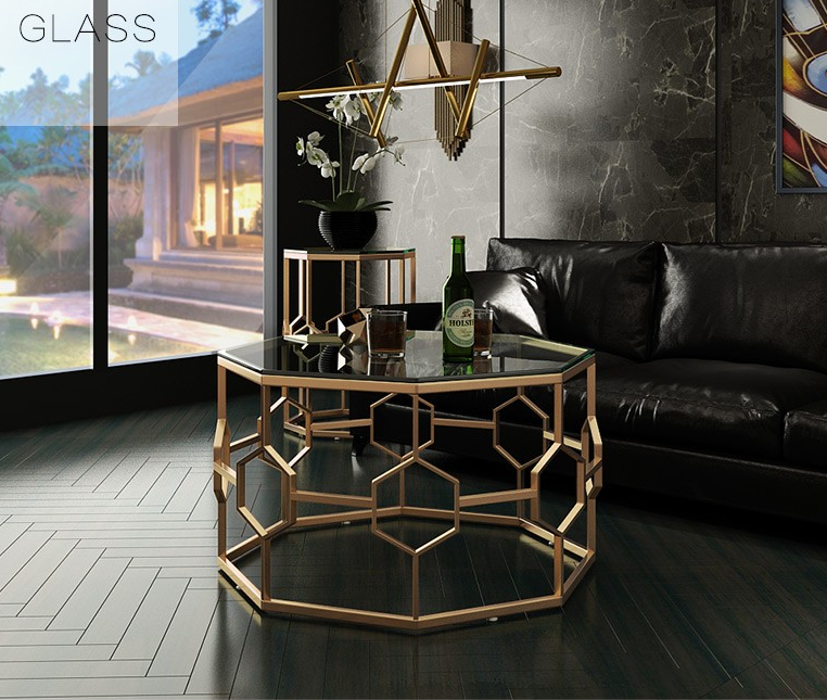 Gold Geometric Glass Coffee Table with Hexagon Metal Frame