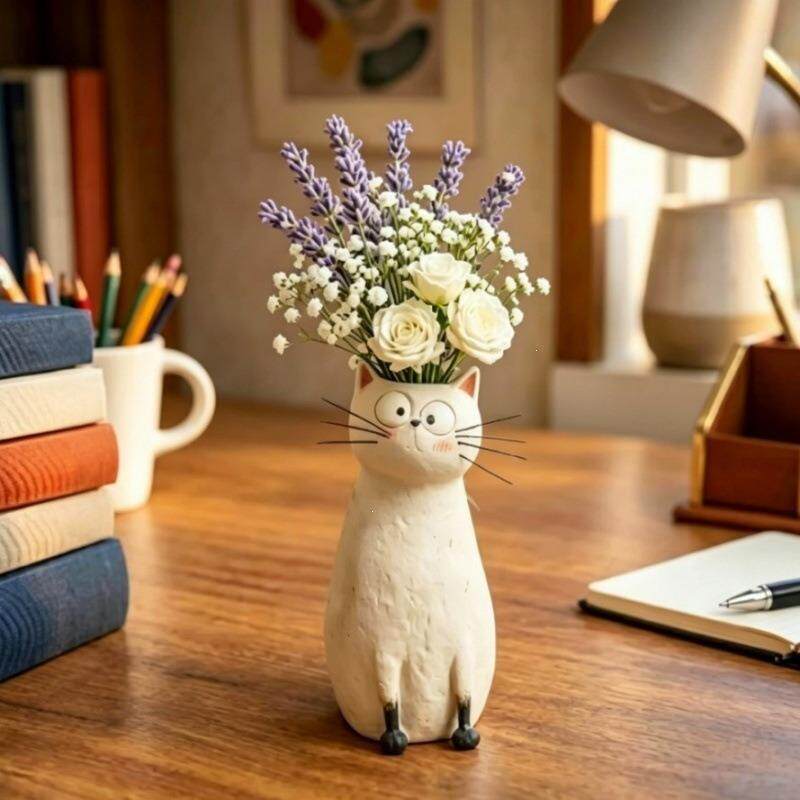 White Cat Vase, Whimsical Resin Flower Planter for Tabletop Décor
