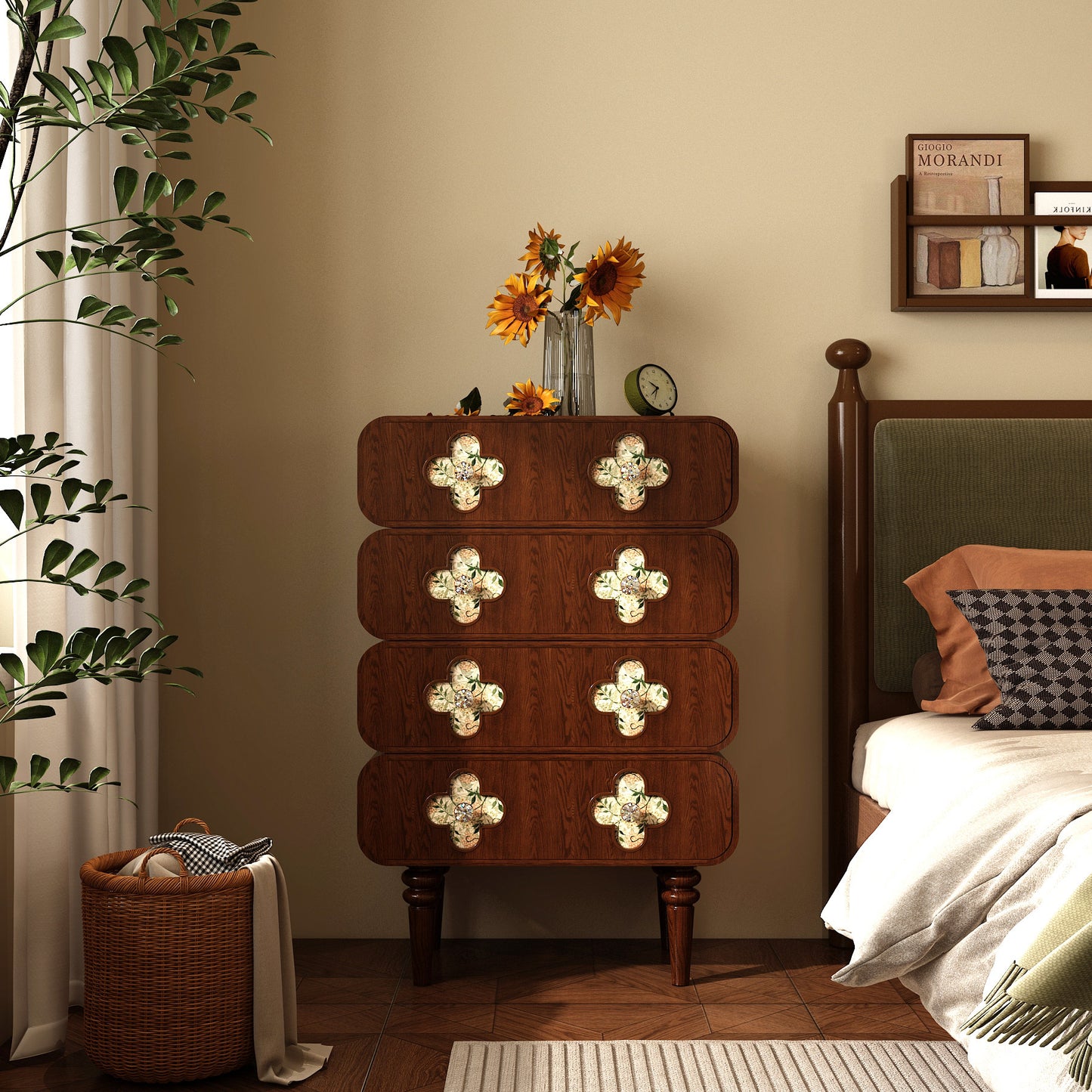 Solid Walnut Wood 8-Drawer Chest, Narrow Dresser with Floral Quatrefoil Inlay Pulls, Tall Storage Cabinet for Bedroom, Nursery, Living Room or Entryway