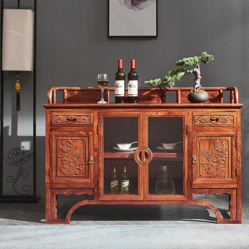 Reddish Brown Solid Wood Sideboard Buffet Cabinet, 4-Door Carved Storage Credenza with 2 Drawers, Glass Display Center and Raised Gallery Top for Dining Room, Living Room and Bar Area