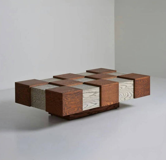 Multi Tone Block Wood Coffee Table, Rectangular Solid Wood Center Table with Geometric Raised Cube Pattern, Modern Rustic Accent Table for Living Room, Lounge and Reception Area