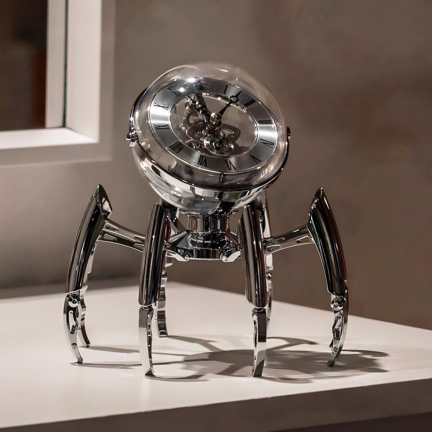 Modern Mechanical Table Clock 7.6 Inch, Silver Metal Skeleton Desk Clock