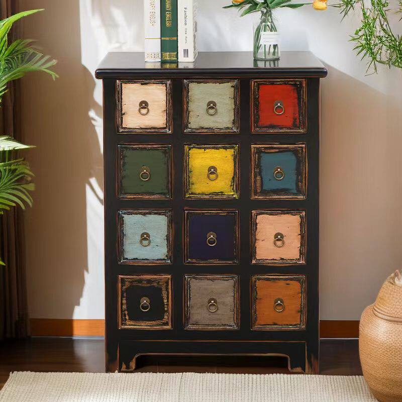 Rustic Farmhouse 12 Drawer Accent Cabinet, Distressed Multicolor Apothecary Style Wood Storage Chest, Black Entryway Cabinet for Bedroom, Living Room, Hallway, Office, and Media Storage