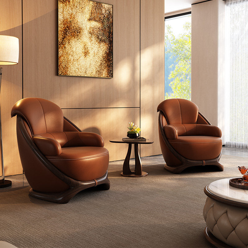 Brown Leather Lounge Chair with Sculpted Wenge Wood Frame