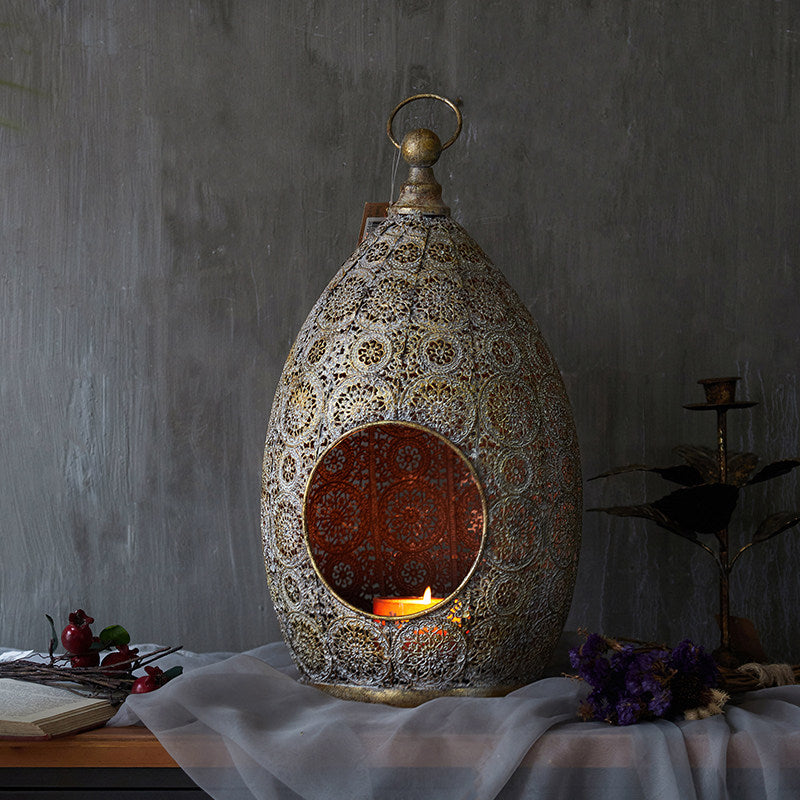 Vintage Metal Lantern Candle Holder with Pierced Filigree, Antique Gold