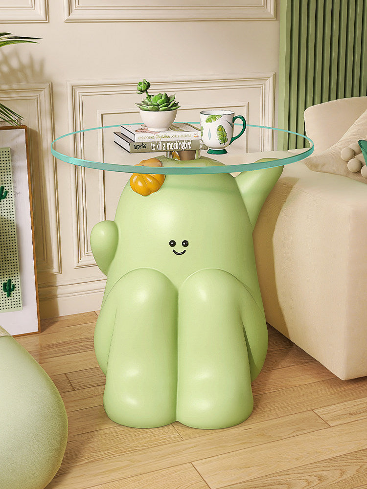 Light Green Resin Cactus Side Table with Round Tempered Glass Top, Cute Smiling Character Accent End Table for Living Room, Bedroom, Nursery, Apartment and Small Spaces