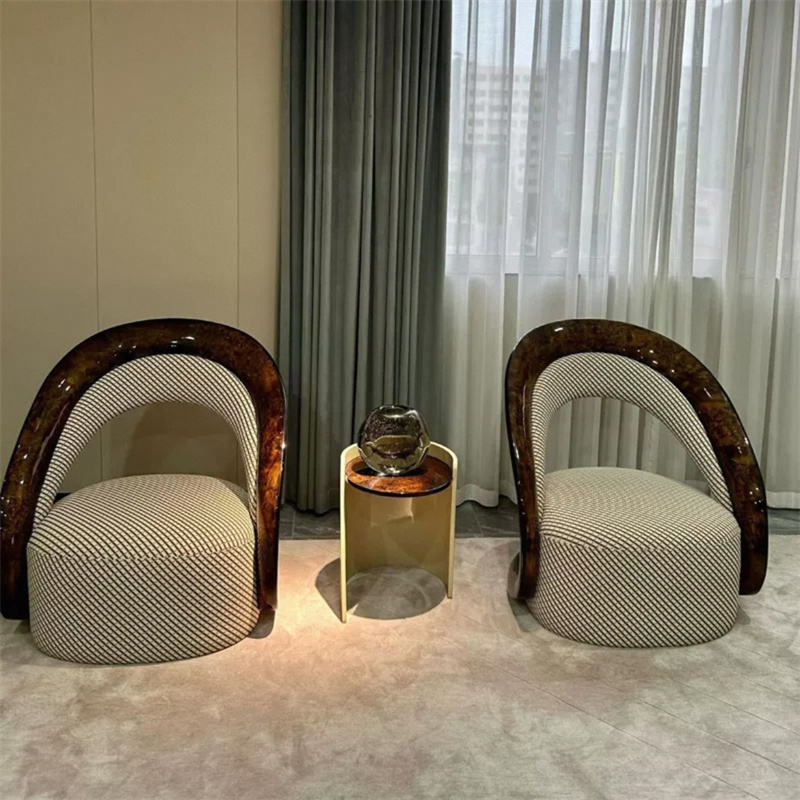 Beige Patterned Accent Chair with Burl Finish Frame for Living Room